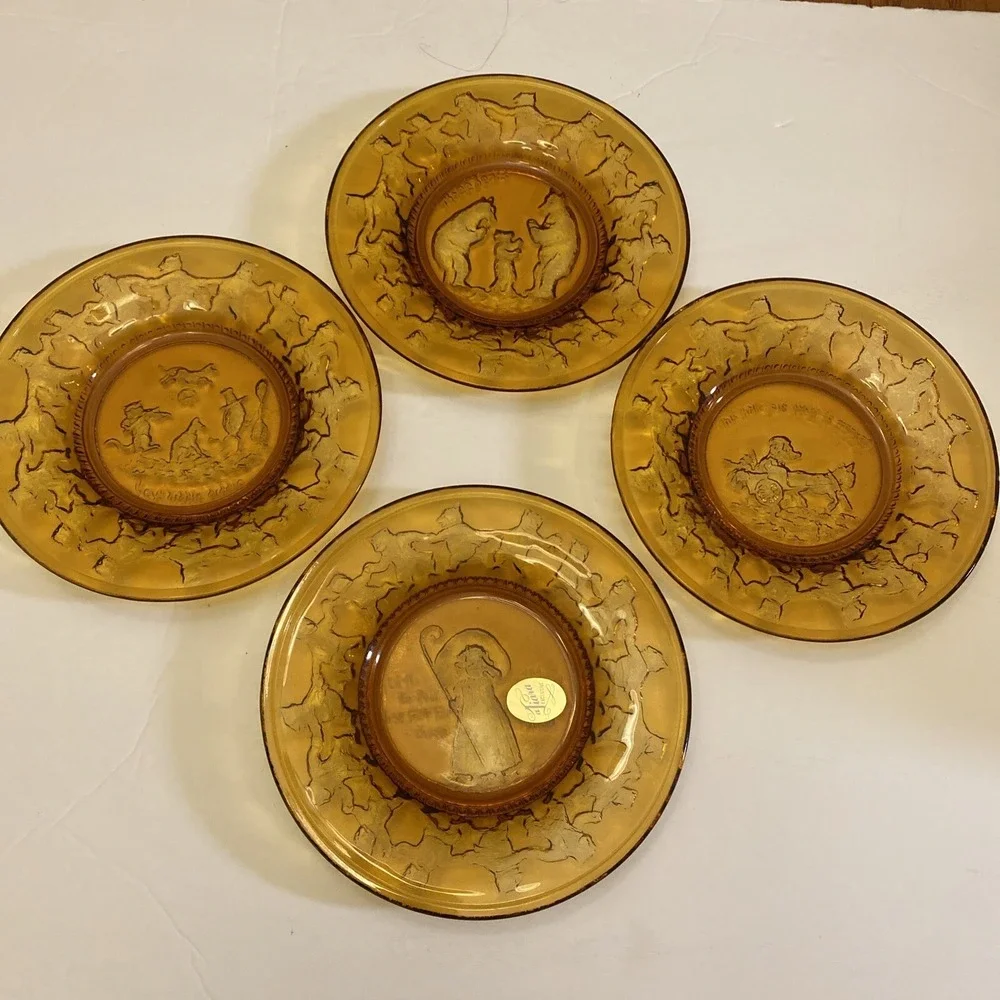 Vintage‎ Tiara Indiana Amber Glass Set of 4 Plates Mother Goose Nursery Rhymes